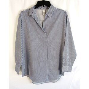 Blue White Stripe Collared Tunic Blouse Long Sleeve Women’s Shirt Casual